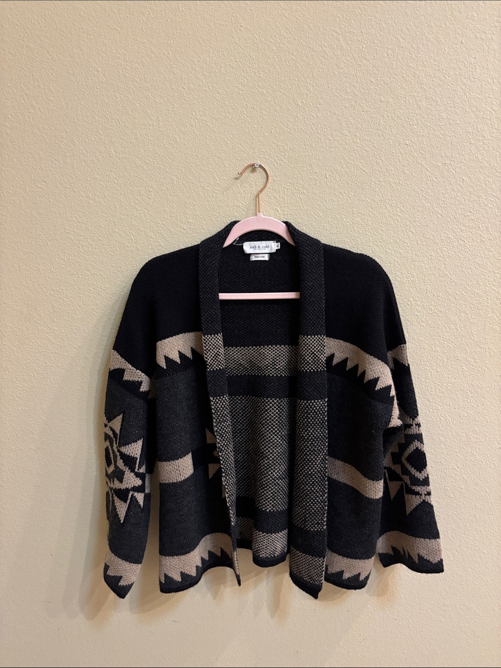 Open Front Geometric Knit Cardigan in Black and Taupe